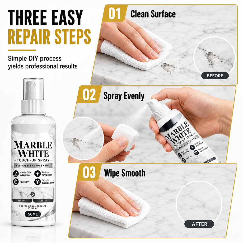 🥳2026 HOT SALE🥳💞50K+ SOLD! 🛠️💎 50% OFF! Marble White Touch-Up Spray Paint – precision spray restores chipped countertops & tiles to a seamless glossy finish. 50ml, 3 easy steps, no brush marks! 🏠✨