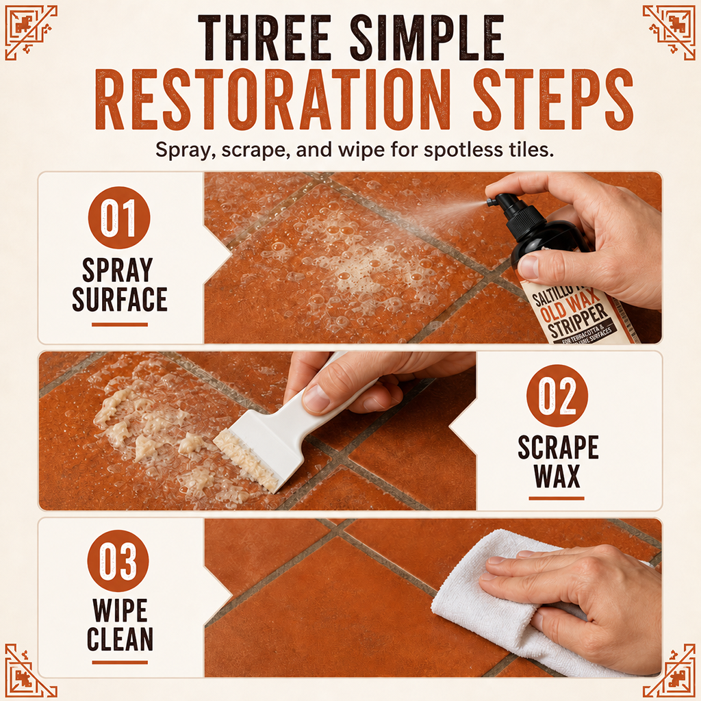 🥳2026 HOT SALE🥳💞50K+ SOLD! 🧴🧽 50% OFF! Terracotta & Saltillo Tile Wax Remover Spray – active foam dissolves thick wax, includes scraper. Restore natural matte finish in 3 steps! 🏺✨