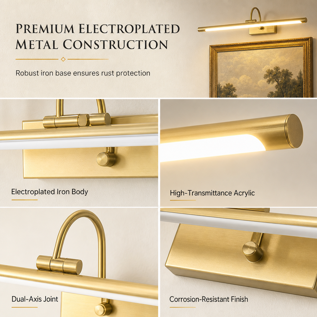 🥳2026 HOT SALE🥳💞50K+ SOLD! 💡✨ 50% OFF! Modern LED Bathroom Vanity Light – adjustable brass body, dual-axis rotation, museum-quality spotlight, flicker-free. Perfect for mirrors & wall art! 🛡️💪