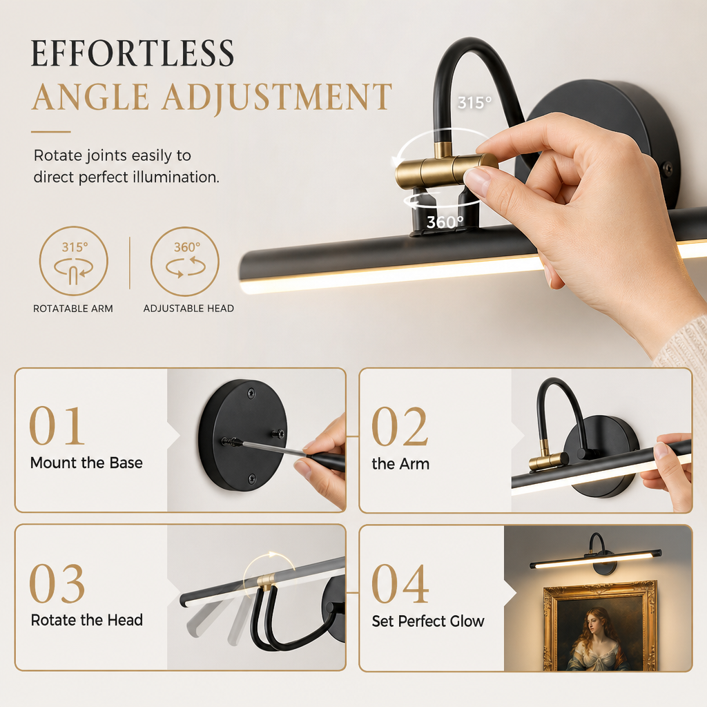 🥳2026 HOT SALE🥳💞50K+ SOLD! 💡✨ 50% OFF! Modern LED Bathroom Vanity Light – adjustable brass body, dual-axis rotation, museum-quality spotlight, flicker-free. Perfect for mirrors & wall art! 🛡️💪