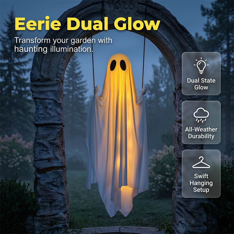 🥳2026 HOT SALE🥳💞50K+ SOLD! 👻🎃 50% OFF! Halloween Hanging Swing Ghost – dual glow LED, weatherproof fabric, remote control. Haunt your garden & delight trick-or-treaters! 🏠✨