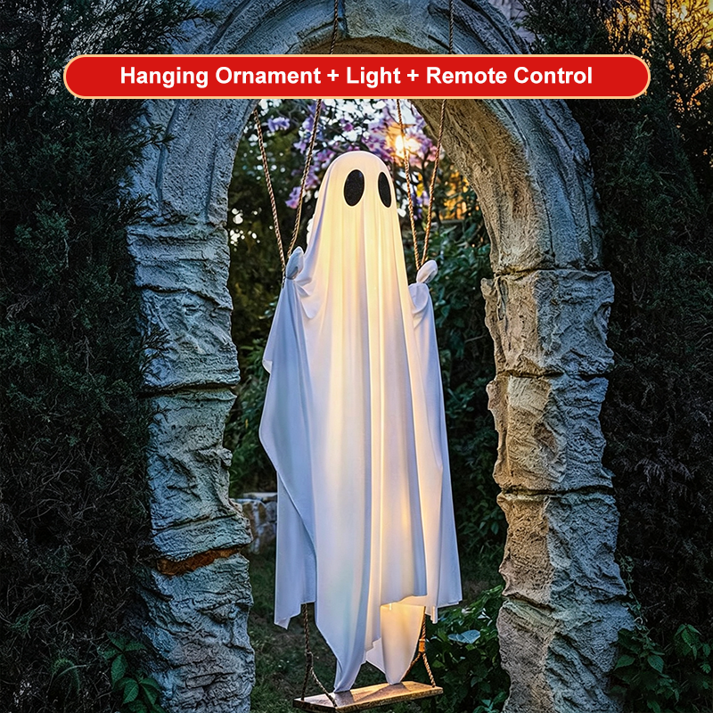 🥳2026 HOT SALE🥳💞50K+ SOLD! 👻🎃 50% OFF! Halloween Hanging Swing Ghost – dual glow LED, weatherproof fabric, remote control. Haunt your garden & delight trick-or-treaters! 🏠✨