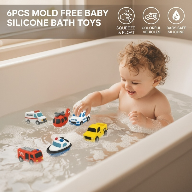 🥳2026 HOT SALE🥳💞50K+ SOLD! 🛁🚗 50% OFF! 6PCS Mold-Free Baby Silicone Bath Toys – soft, safe & fully sealed. No holes, no mould! Float, squeeze & learn colours. Perfect for grandkids! 🧼💚
