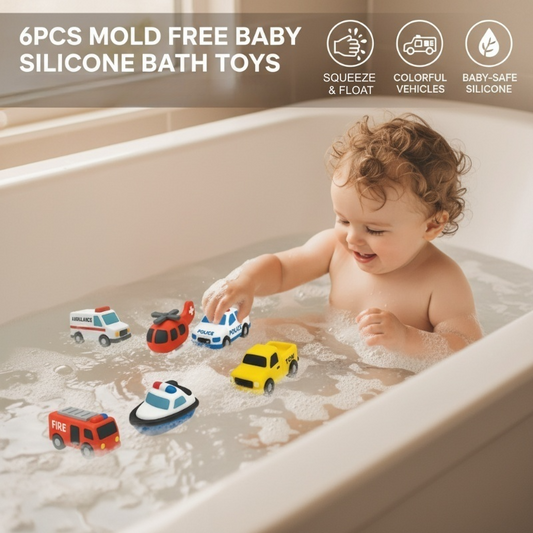 🥳2026 HOT SALE🥳💞50K+ SOLD! 🛁🚗 50% OFF! 6PCS Mold-Free Baby Silicone Bath Toys – soft, safe & fully sealed. No holes, no mould! Float, squeeze & learn colours. Perfect for grandkids! 🧼💚