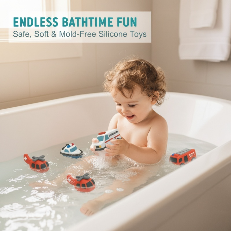 🥳2026 HOT SALE🥳💞50K+ SOLD! 🛁🚗 50% OFF! 6PCS Mold-Free Baby Silicone Bath Toys – soft, safe & fully sealed. No holes, no mould! Float, squeeze & learn colours. Perfect for grandkids! 🧼💚