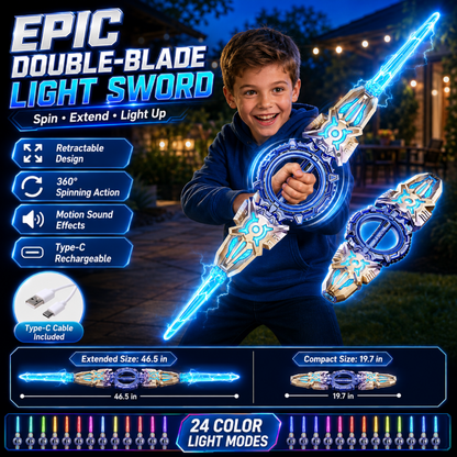 🥳2026 HOT SALE🥳💞50K+ SOLD! ⚔️✨ 50% OFF! Rechargeable Double-Blade Light Up Sword – 360° spin, extendable, 24 light modes, motion sounds, USB-C. Epic gift for kids 6+! 🎁💪