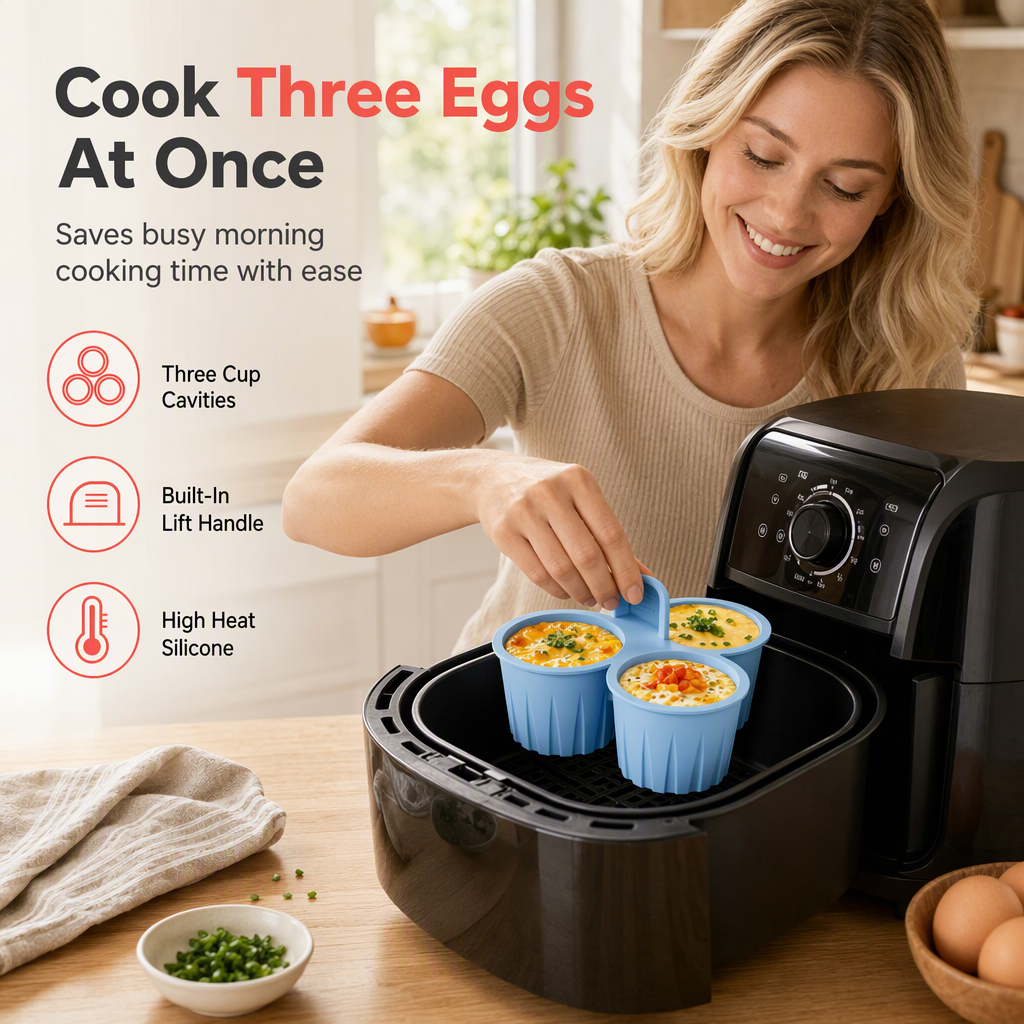 🥳2026 HOT SALE🥳💞50K+ SOLD! 🍳🥚 50% OFF! 3-Cavity Silicone Air Fryer Egg Mold – non-stick, food-grade, lift tab. Cook 3 eggs at once in air fryer, oven or steamer! 🛡️✅