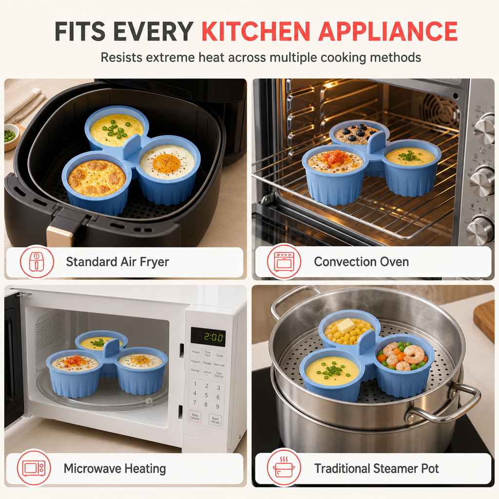 🥳2026 HOT SALE🥳💞50K+ SOLD! 🍳🥚 50% OFF! 3-Cavity Silicone Air Fryer Egg Mold – non-stick, food-grade, lift tab. Cook 3 eggs at once in air fryer, oven or steamer! 🛡️✅