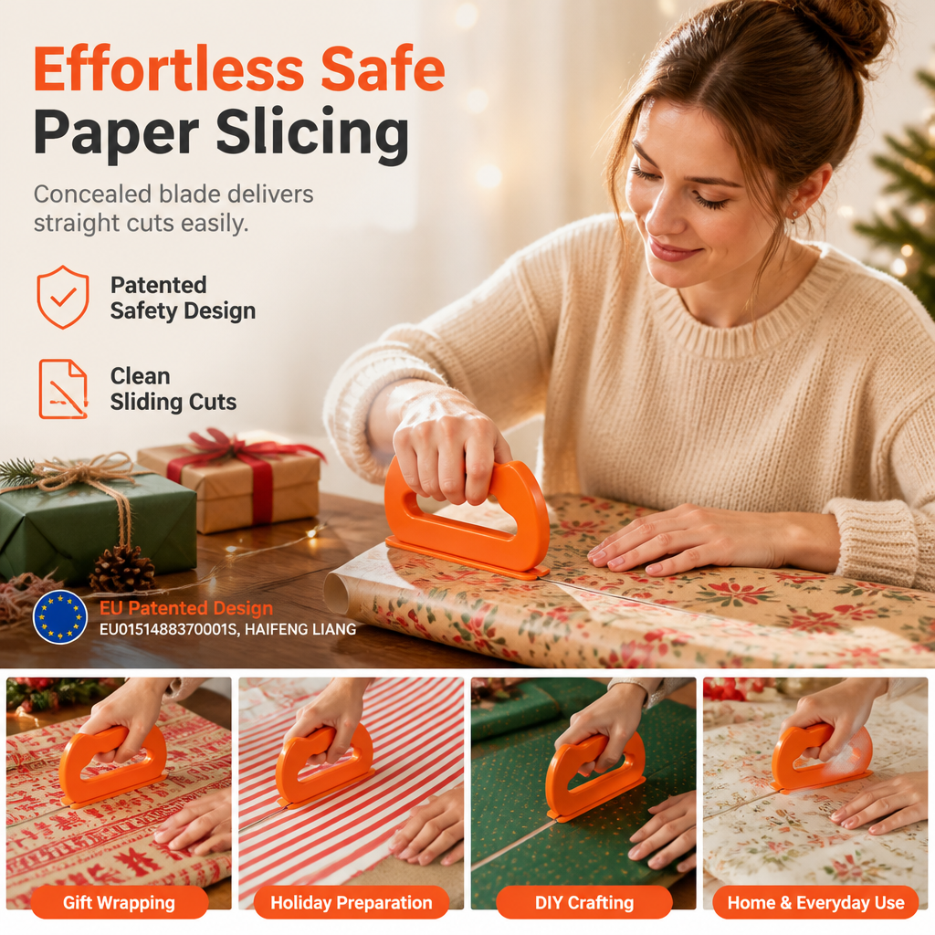 🥳2026 HOT SALE🥳💞50K+ SOLD! 🎁✂️ 50% OFF! Portable Wrapping Paper Cutter – built-in blade slides smooth & straight, no jagged edges. Compact 12cm, safe & easy! 🛡️✅