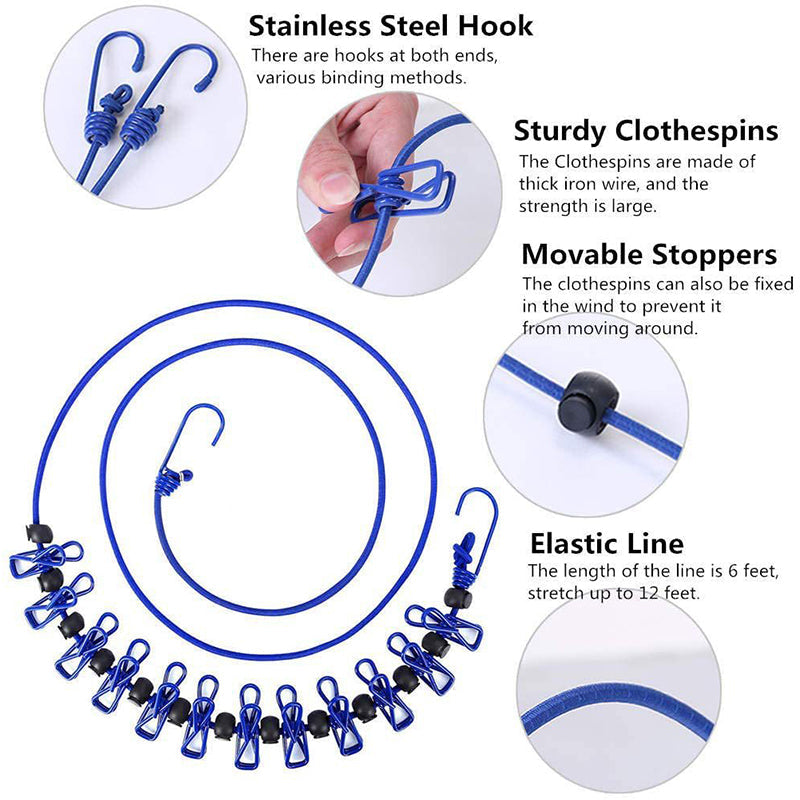 🥳2026 HOT SALE🥳💞50K+ SOLD! 🧺✨ 50% OFF! Portable Elastic Travel Clothes Rack – 12 anti-slip clips with positioning beads, steel hooks for anywhere. Lightweight 127g, perfect for travel & camping! 🛡️💪