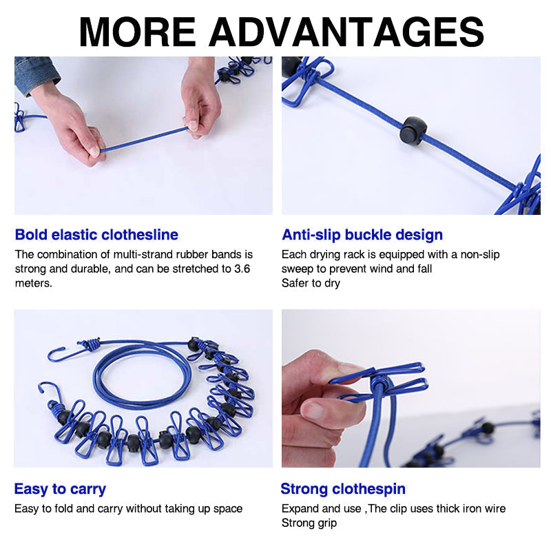 🥳2026 HOT SALE🥳💞50K+ SOLD! 🧺✨ 50% OFF! Portable Elastic Travel Clothes Rack – 12 anti-slip clips with positioning beads, steel hooks for anywhere. Lightweight 127g, perfect for travel & camping! 🛡️💪