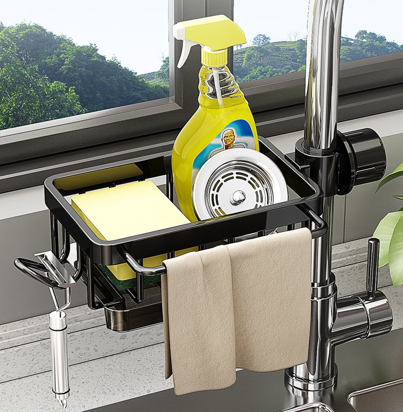 🥳2026 HOT SALE🥳💞50K+ SOLD! 🚿🧽 50% OFF! Faucet Sponge Holder Rack – space aluminum, rustproof, fast-drying, no tools. Organize sink & bathroom instantly! 🛡️✅