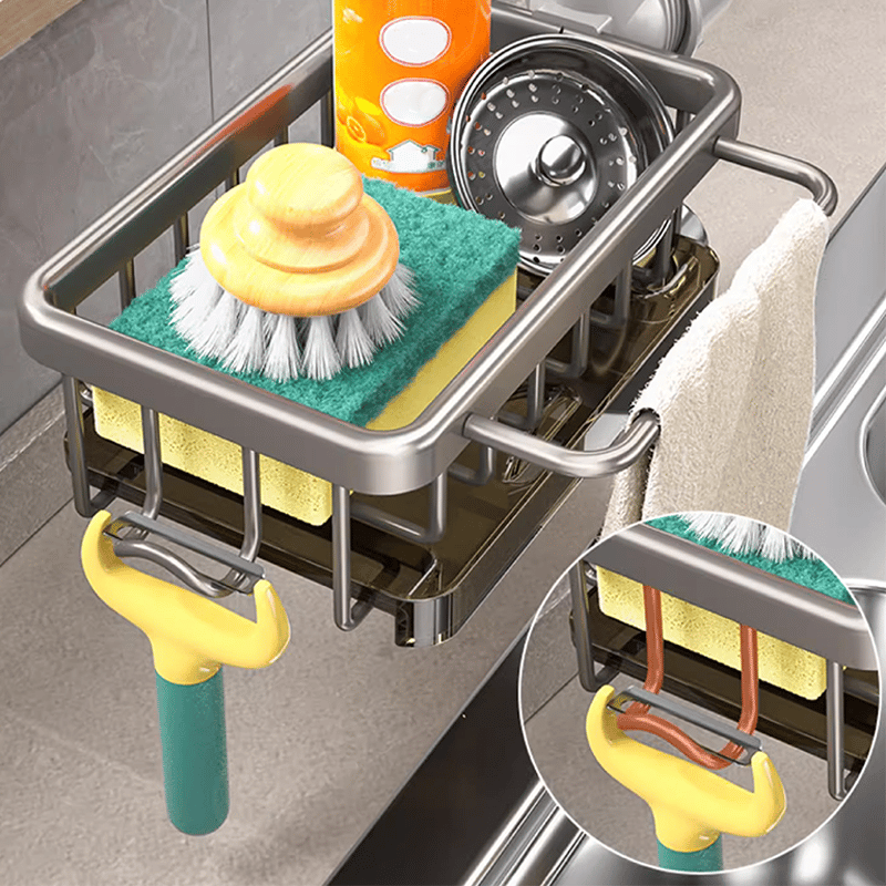 🥳2026 HOT SALE🥳💞50K+ SOLD! 🚿🧽 50% OFF! Faucet Sponge Holder Rack – space aluminum, rustproof, fast-drying, no tools. Organize sink & bathroom instantly! 🛡️✅