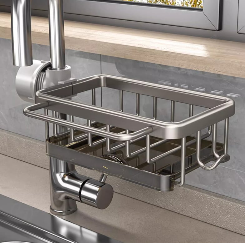🥳2026 HOT SALE🥳💞50K+ SOLD! 🚿🧽 50% OFF! Faucet Sponge Holder Rack – space aluminum, rustproof, fast-drying, no tools. Organize sink & bathroom instantly! 🛡️✅