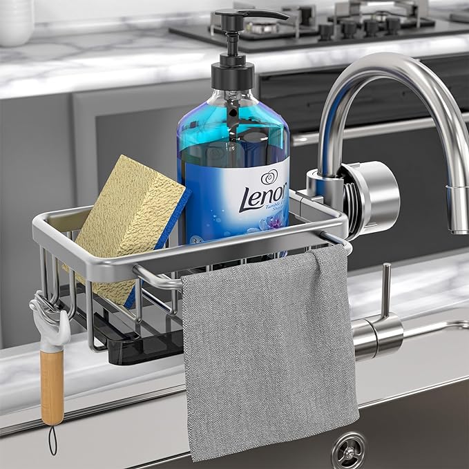 🥳2026 HOT SALE🥳💞50K+ SOLD! 🚿🧽 50% OFF! Faucet Sponge Holder Rack – space aluminum, rustproof, fast-drying, no tools. Organize sink & bathroom instantly! 🛡️✅
