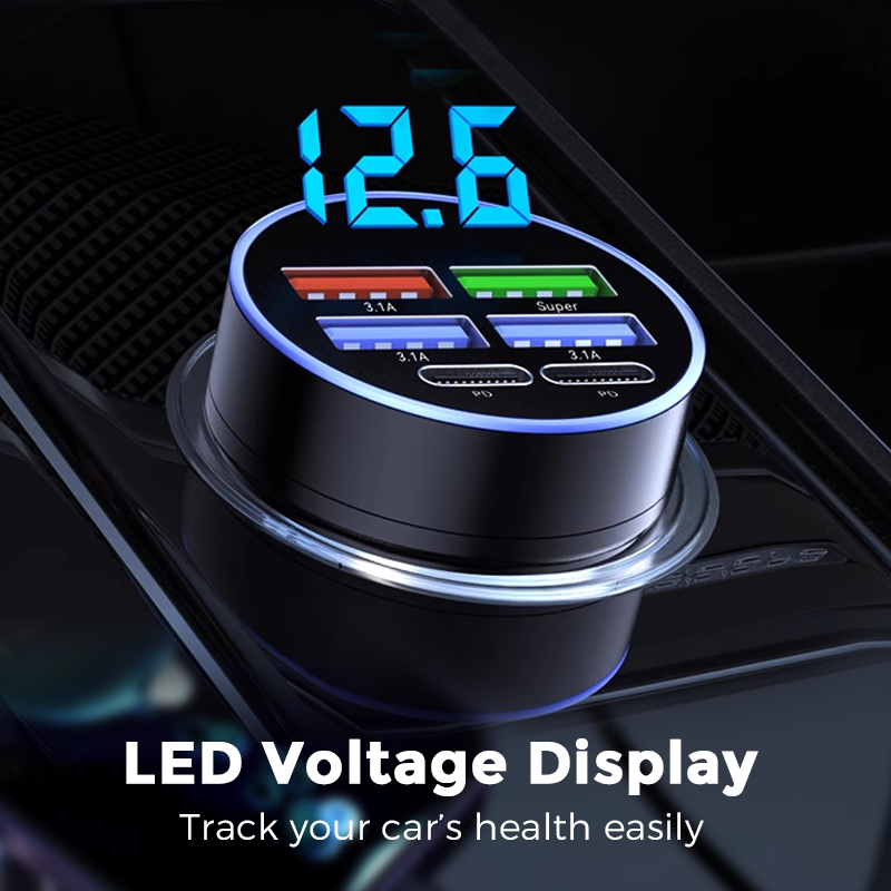 🥳2026 HOT SALE🥳💞50K+ SOLD! 🚗⚡ 6-In-1 Car Fast Phone Charger with Voltage Display – triple-speed charging, real-time voltage monitoring, smart chip protection. Universal fit for cars, SUVs & trucks! 🛡️✅