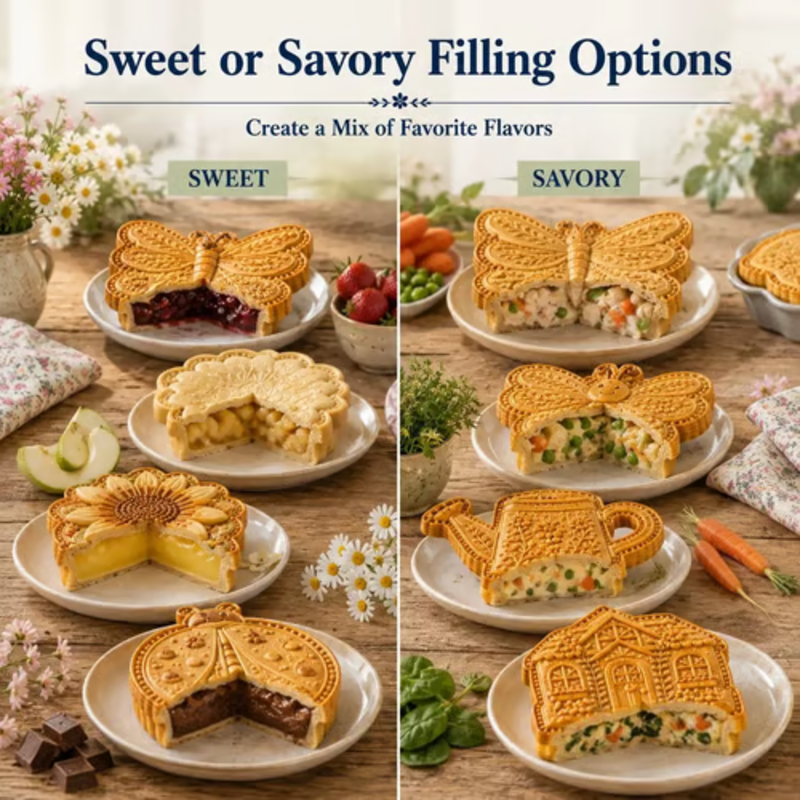 🥳2026 HOT SALE🥳💞50K+ SOLD! 🥧🌸 Floral Pie Press Mold – deep-cut sunflower design presses crisp details, easy release & reusable. Create beautiful mini pies for brunch, parties & gifts! 🛡️💚