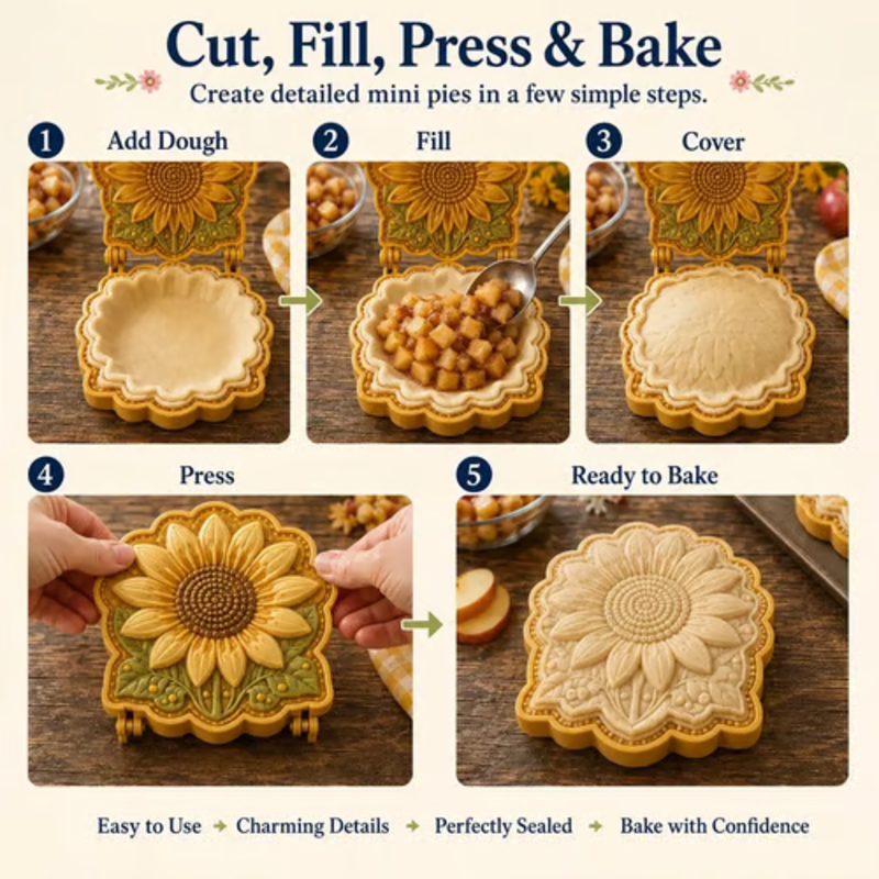 🥳2026 HOT SALE🥳💞50K+ SOLD! 🥧🌸 Floral Pie Press Mold – deep-cut sunflower design presses crisp details, easy release & reusable. Create beautiful mini pies for brunch, parties & gifts! 🛡️💚
