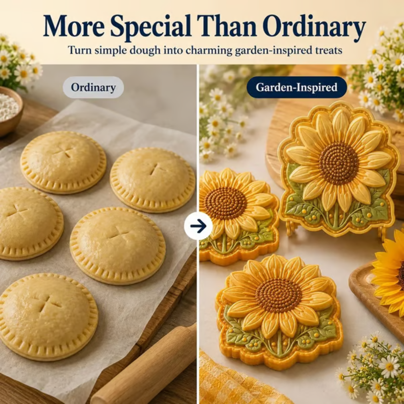 🥳2026 HOT SALE🥳💞50K+ SOLD! 🥧🌸 Floral Pie Press Mold – deep-cut sunflower design presses crisp details, easy release & reusable. Create beautiful mini pies for brunch, parties & gifts! 🛡️💚