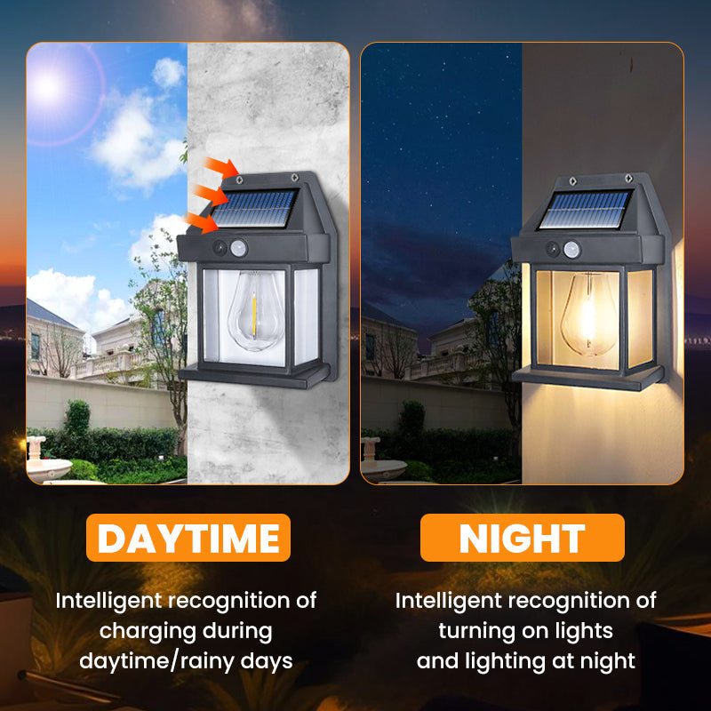 🥳2026 HOT SALE🥳💞50K+ SOLD! 🎄☀️ Christmas Limited Discount! Motion Sensor Solar Tungsten Wall Light – 3 lighting modes, 120° smart sensor, IP65 waterproof. No electricity bills, easy install! 🏠✨