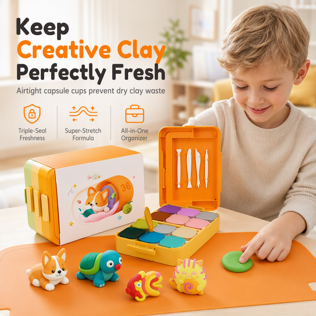 🥳2026 HOT SALE🥳💞50K+ SOLD! 🎨✨ 50% OFF! Kids Capsule Clay Set – non-toxic, odorless, ultra-light. Sealed cups keep clay soft, tiered organizer & tools included. Creative fun anywhere! 🛡️✅