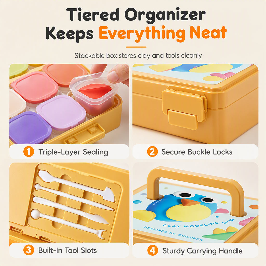 🥳2026 HOT SALE🥳💞50K+ SOLD! 🎨✨ 50% OFF! Kids Capsule Clay Set – non-toxic, odorless, ultra-light. Sealed cups keep clay soft, tiered organizer & tools included. Creative fun anywhere! 🛡️✅