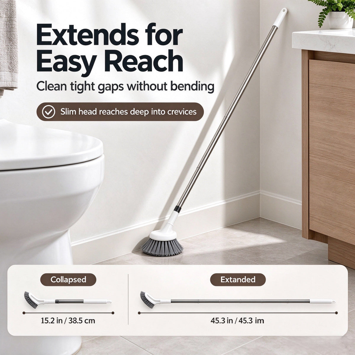 🥳2026 HOT SALE🥳💞50K+ SOLD! 🚽🧹 50% OFF! Telescopic Crevice Cleaning Brush – L-shaped head reaches tight corners, extends 38.5–115cm. No bending, no kneeling! 🛡️✅