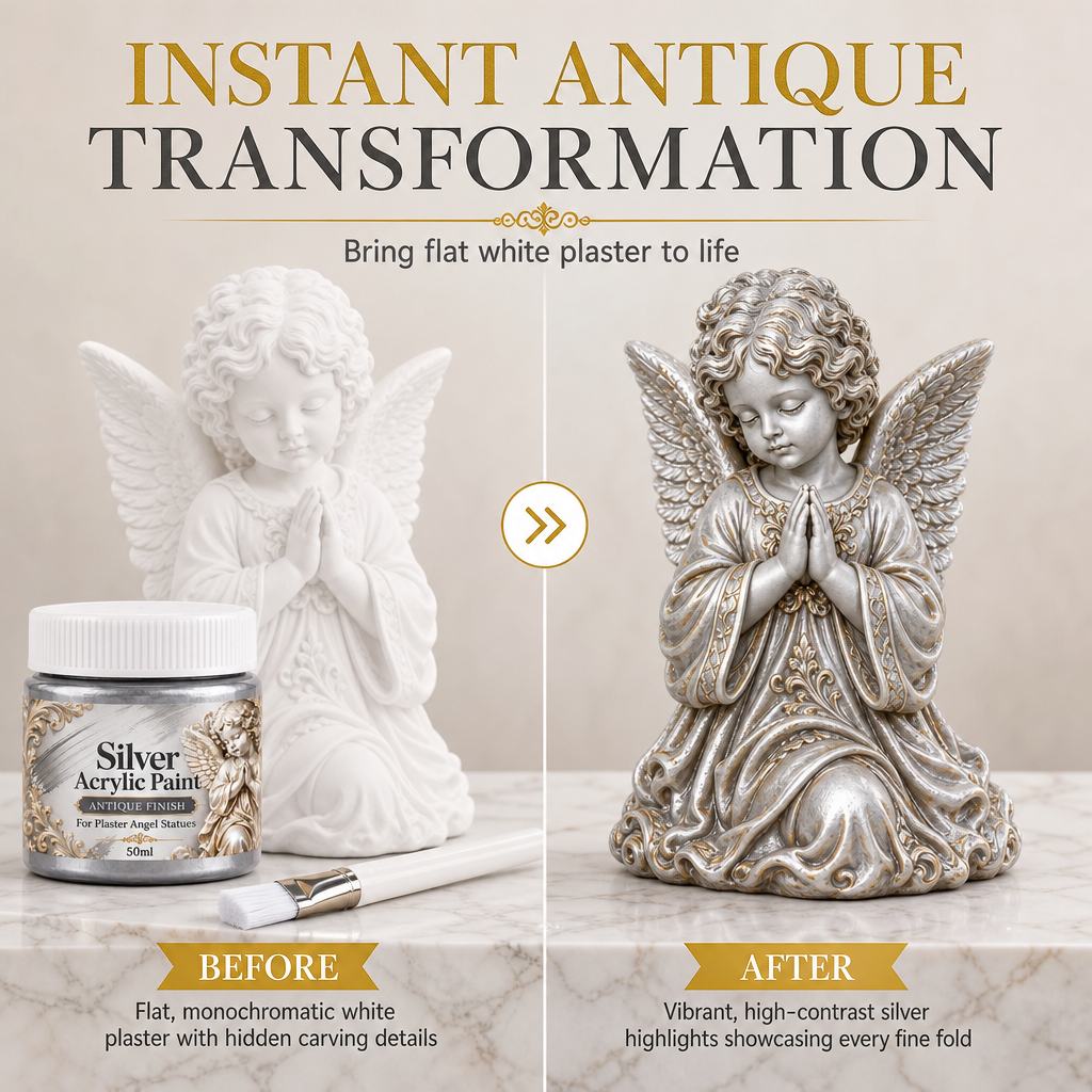 🥳2026 HOT SALE🥳💞50K+ SOLD! 👼✨ High Gloss Gypsum Angel Statue with Brush – antique silver dry-brush formula highlights ornate details. 50ml jar + precision brush. Transform plain plaster into elegant décor! 🛡️💪