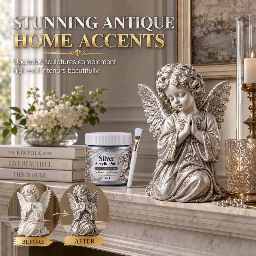 🥳2026 HOT SALE🥳💞50K+ SOLD! 👼✨ High Gloss Gypsum Angel Statue with Brush – antique silver dry-brush formula highlights ornate details. 50ml jar + precision brush. Transform plain plaster into elegant décor! 🛡️💪