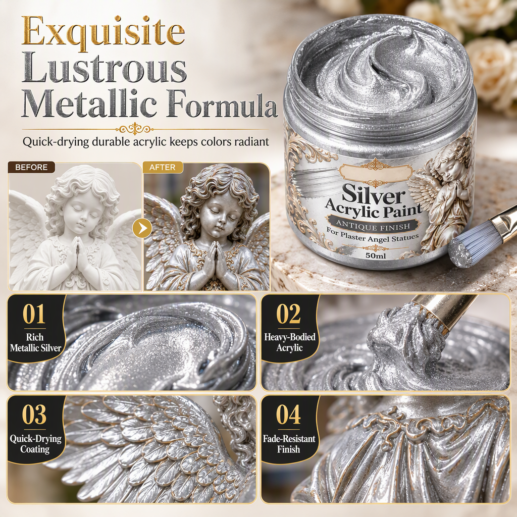 🥳2026 HOT SALE🥳💞50K+ SOLD! 👼✨ High Gloss Gypsum Angel Statue with Brush – antique silver dry-brush formula highlights ornate details. 50ml jar + precision brush. Transform plain plaster into elegant décor! 🛡️💪