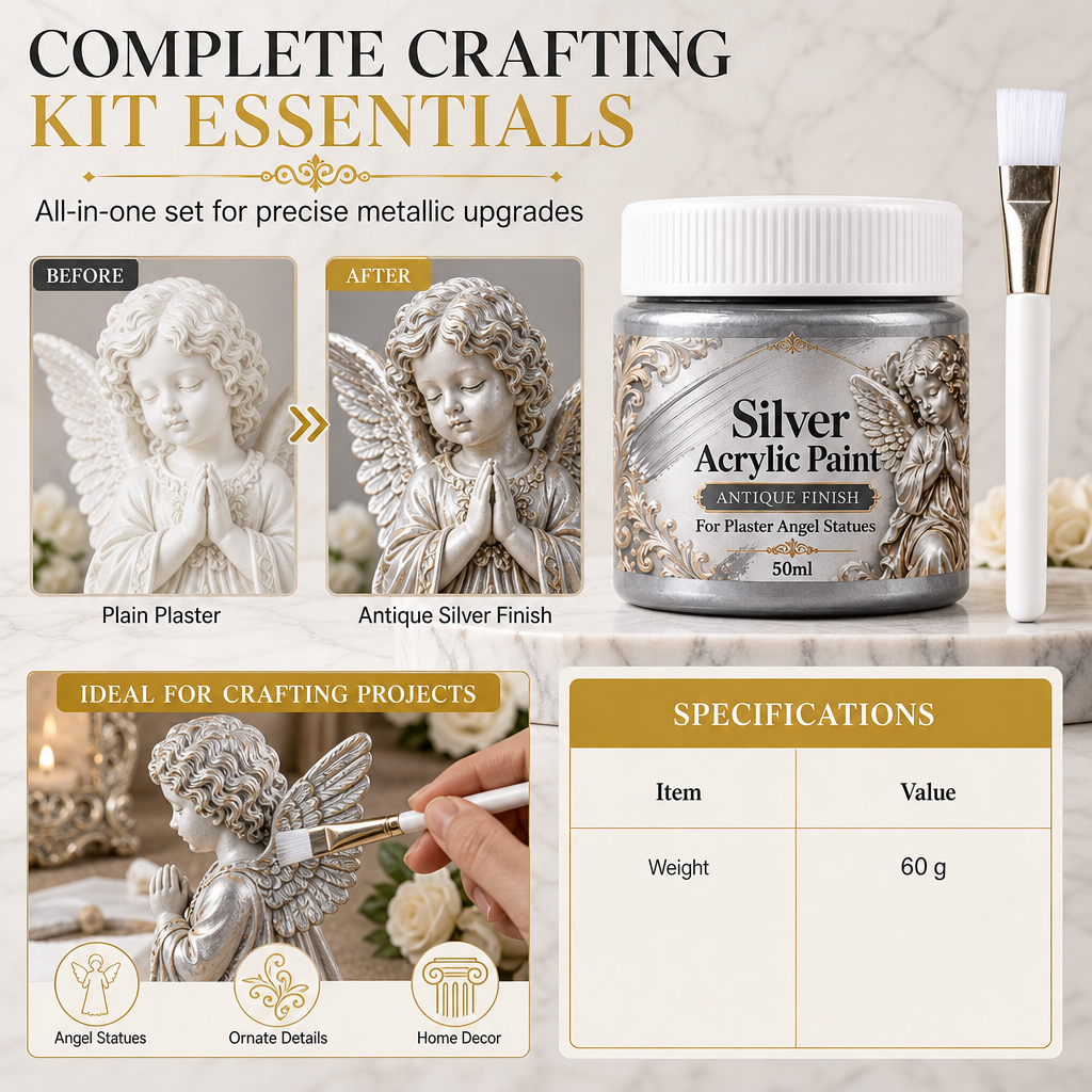 🥳2026 HOT SALE🥳💞50K+ SOLD! 👼✨ High Gloss Gypsum Angel Statue with Brush – antique silver dry-brush formula highlights ornate details. 50ml jar + precision brush. Transform plain plaster into elegant décor! 🛡️💪