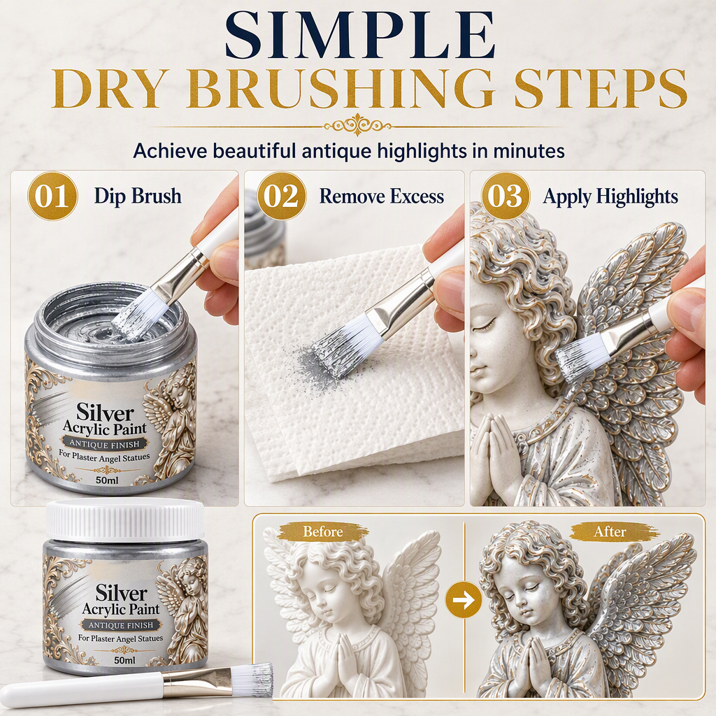 🥳2026 HOT SALE🥳💞50K+ SOLD! 👼✨ High Gloss Gypsum Angel Statue with Brush – antique silver dry-brush formula highlights ornate details. 50ml jar + precision brush. Transform plain plaster into elegant décor! 🛡️💪