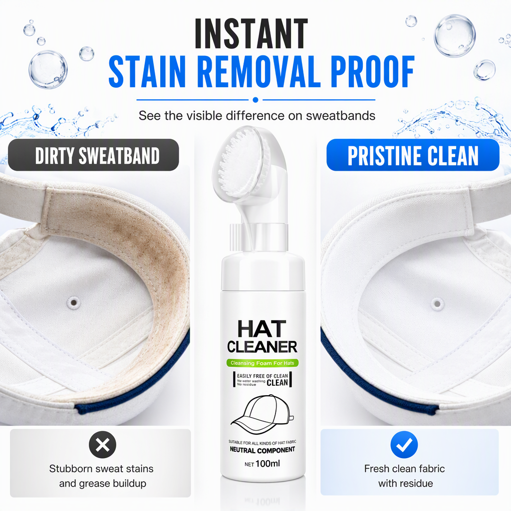 🥳2026 HOT SALE🥳💞50K+ SOLD! 🧢✨ 50% OFF! Rinse-Free Hat Foam Cleaner – dissolves sweat stains & makeup buildup, keeps shape. Works on caps, visors & bucket hats! 🛡️✅