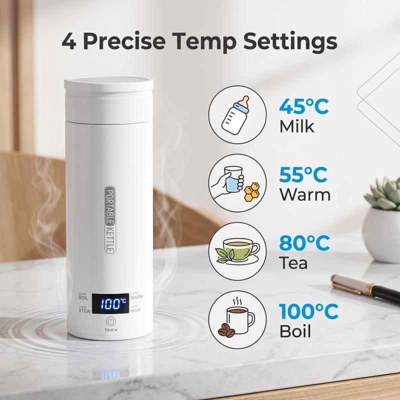 🥳2026 HOT SALE🥳💞50K+ SOLD! 🌡️⚡ 50% OFF! 4-Temperature Portable Kettle – 45-100°C settings, leak-proof, 300W fast heat, 500ml stainless steel. Perfect for baby milk, tea & coffee on the go! 🍼✅