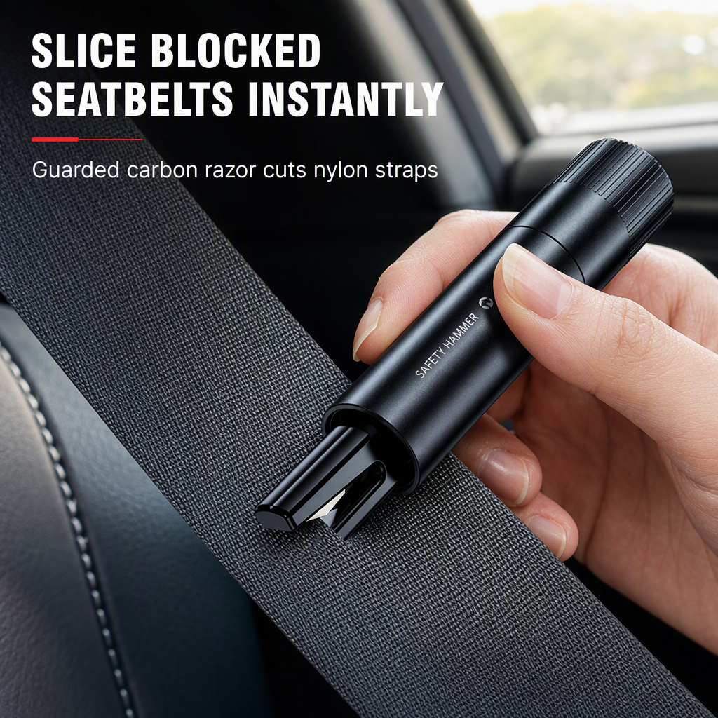 🥳2026 HOT SALE🥳💞50K+ SOLD! 🚗🆘 50% OFF! Mini Portable Car Safety Hammer – tungsten tip shatters windows & cutter slices seatbelts. Compact, adhesive mount, keep it within reach! 🛡️✅