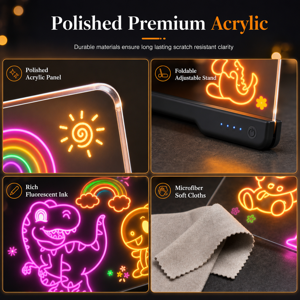 🥳2026 HOT SALE🥳💞50K+ SOLD! 🎨✨ 50% OFF! Rechargeable LED Acrylic Message Board – 7 fluorescent pens, glowing doodle pad, wipe clean & reusable. Perfect for kids DIY & creative fun! 🛡️💚