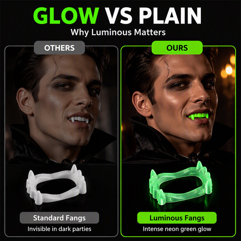 🥳2026 HOT SALE🥳💞50K+ SOLD! 🧛✨ 50% OFF! Halloween Glowing Vampire Fangs – glow-in-the-dark, two fang styles, perfect for parties, cosplay & trick-or-treating! 🎃💚