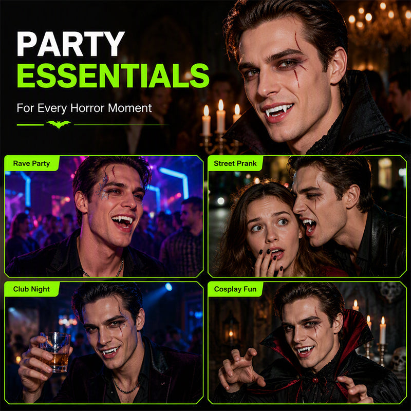 🥳2026 HOT SALE🥳💞50K+ SOLD! 🧛✨ 50% OFF! Halloween Glowing Vampire Fangs – glow-in-the-dark, two fang styles, perfect for parties, cosplay & trick-or-treating! 🎃💚
