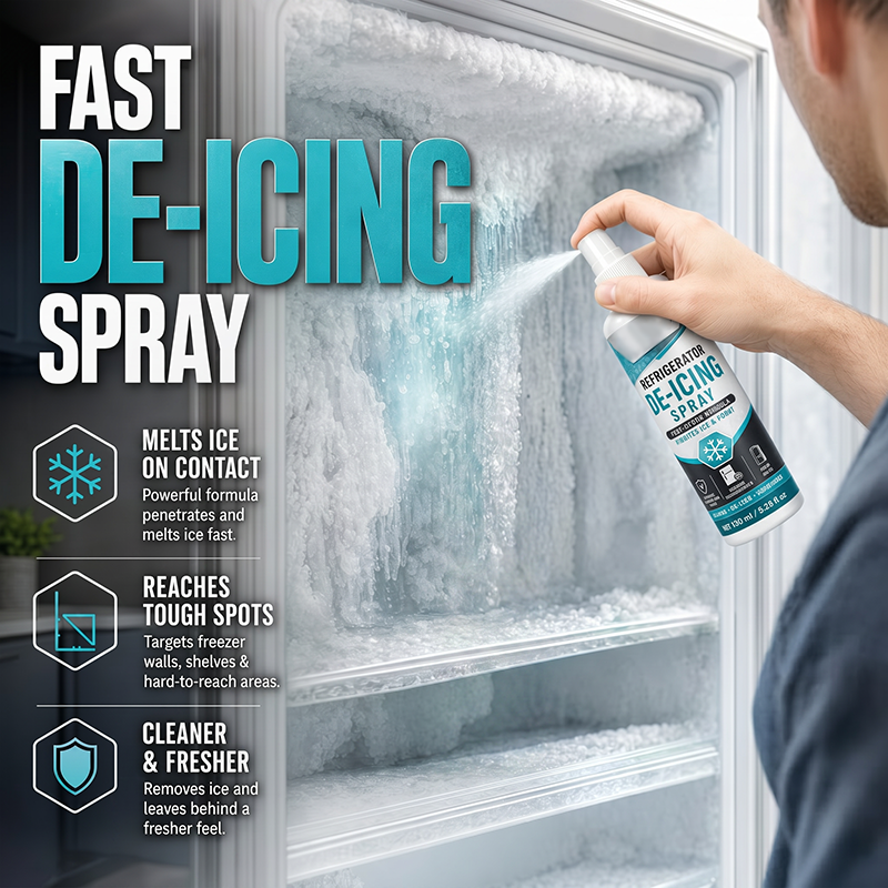 🥳2026 HOT SALE🥳💞50K+ SOLD! 🧊🧼 50% OFF! Refrigerator De-Icing Spray – dissolves thick frost fast, freshens freezer air & reaches tight corners. Includes scraper & towel, no more hard scraping! 🛡️✅