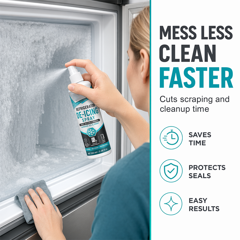 🥳2026 HOT SALE🥳💞50K+ SOLD! 🧊🧼 50% OFF! Refrigerator De-Icing Spray – dissolves thick frost fast, freshens freezer air & reaches tight corners. Includes scraper & towel, no more hard scraping! 🛡️✅