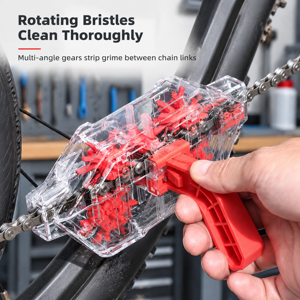 🥳2026 HOT SALE🥳💞50K+ SOLD! 🚲🔧 50% OFF! Transparent Bicycle Chain Cleaner Tool – rotating bristles scrub deep, visible degreasing & magnet catches metal shavings. Cleaner chains, smoother rides! ✨✅