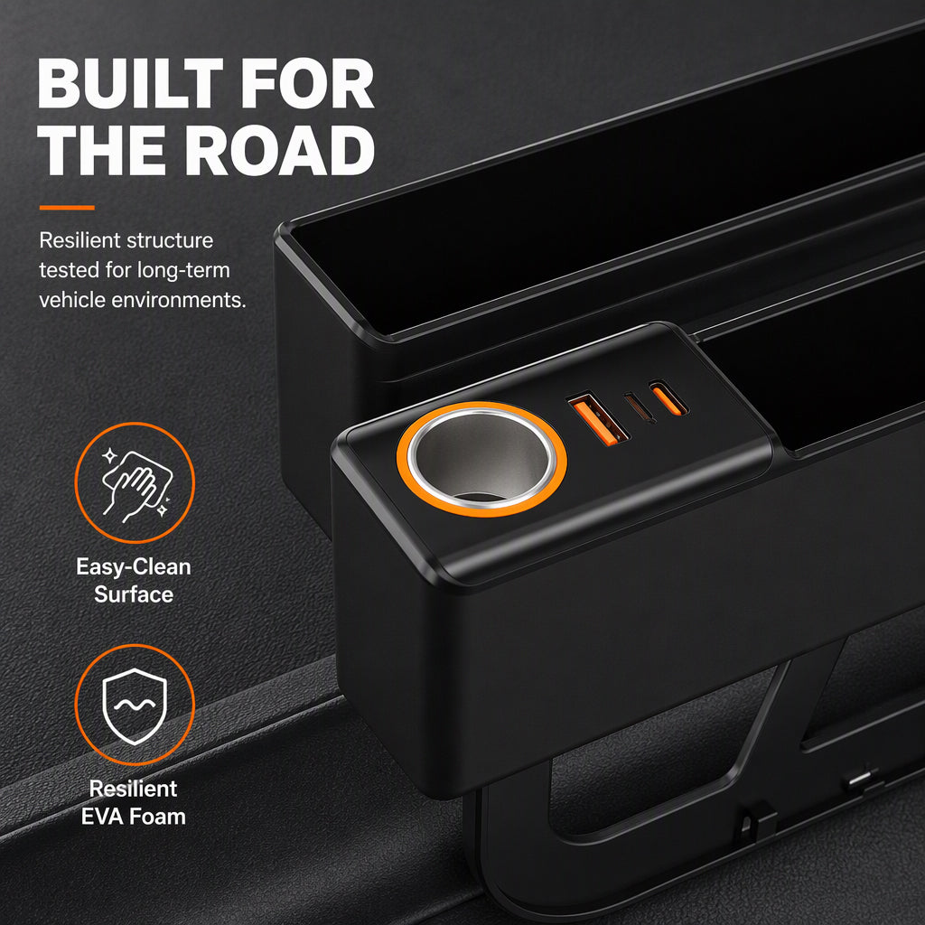 🥳2026 HOT SALE🥳💞50K+ SOLD! 🚗🔌 50% OFF! Car Seat Gap Organizer with USB Charging – fills the gap, PD/QC fast charging, keeps phone, cards & keys within reach. Tidy cockpit! 🛡️✅