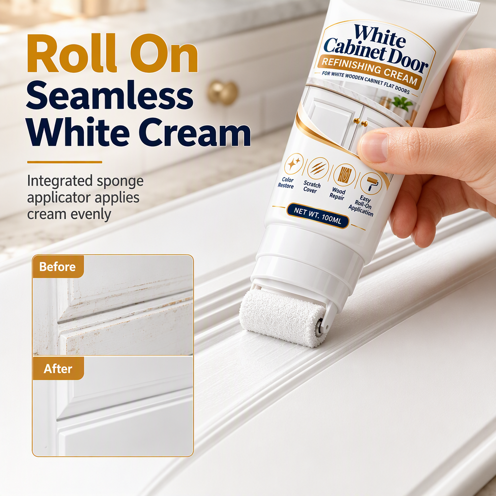 🥳2026 HOT SALE🥳💞50K+ SOLD! 🎨🪵 50% OFF! White Wood Furniture Touch-Up Paste – built-in foam roller, high-opacity white covers yellowed cabinets, doors, trim & tables. Streak-free, easy restore! 🏠✅