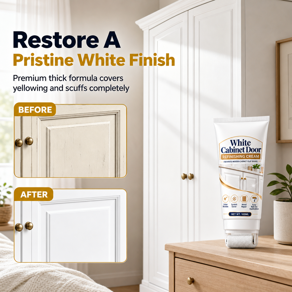 🥳2026 HOT SALE🥳💞50K+ SOLD! 🎨🪵 50% OFF! White Wood Furniture Touch-Up Paste – built-in foam roller, high-opacity white covers yellowed cabinets, doors, trim & tables. Streak-free, easy restore! 🏠✅