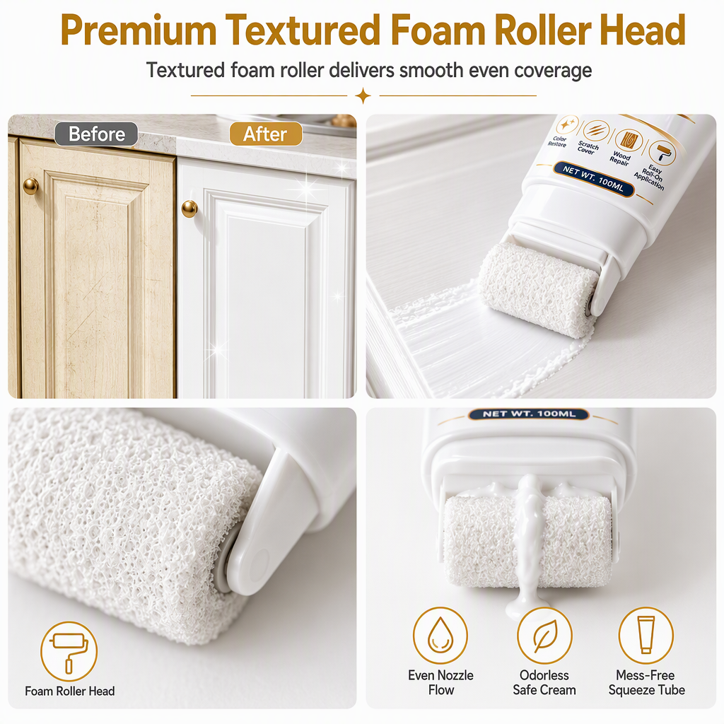 🥳2026 HOT SALE🥳💞50K+ SOLD! 🎨🪵 50% OFF! White Wood Furniture Touch-Up Paste – built-in foam roller, high-opacity white covers yellowed cabinets, doors, trim & tables. Streak-free, easy restore! 🏠✅