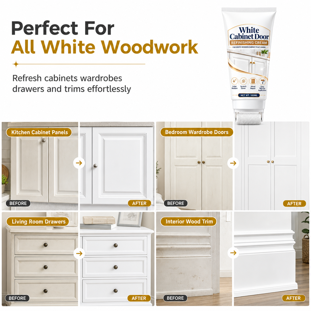 🥳2026 HOT SALE🥳💞50K+ SOLD! 🎨🪵 50% OFF! White Wood Furniture Touch-Up Paste – built-in foam roller, high-opacity white covers yellowed cabinets, doors, trim & tables. Streak-free, easy restore! 🏠✅