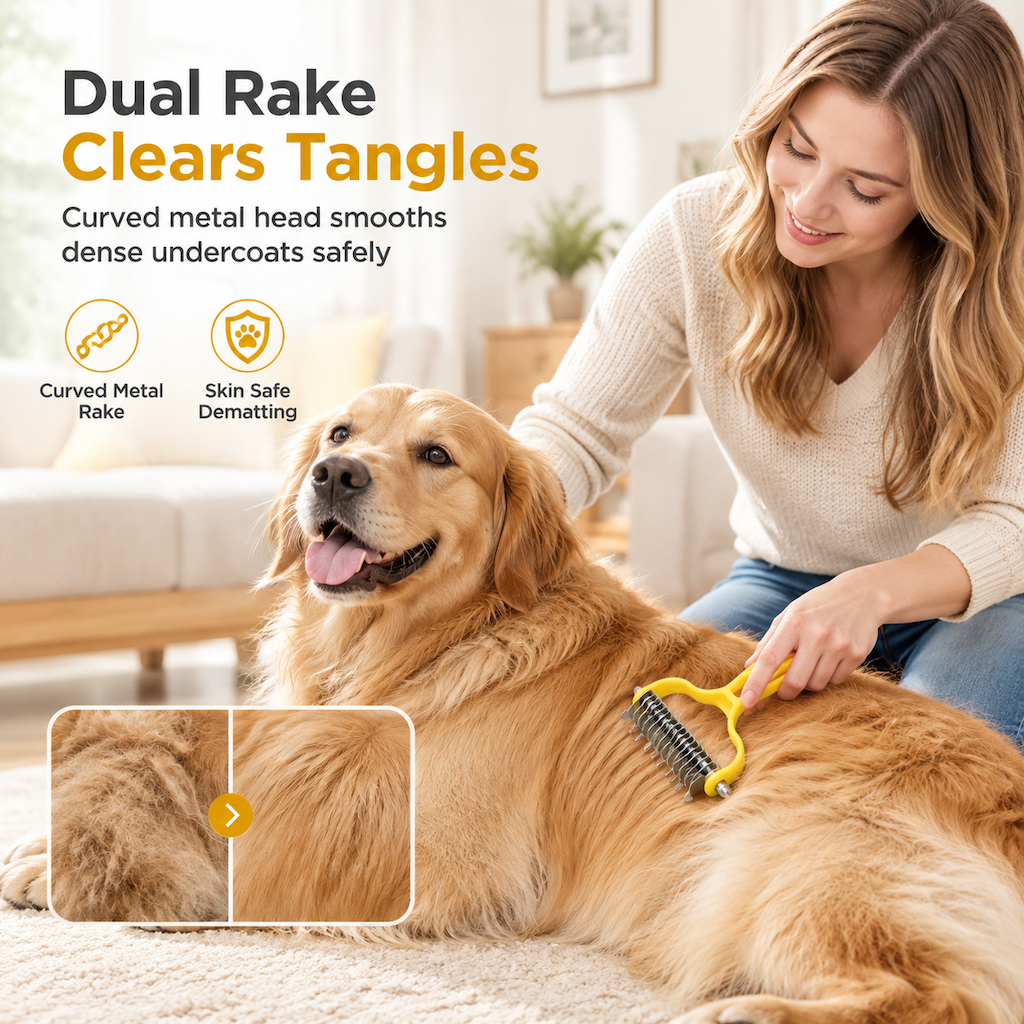 🥳2026 HOT SALE🥳💞50K+ SOLD! 🐾✨ 50% OFF! Pet Dematting & Deshedding Comb – dual rake clears tangles & mats, rounded tips protect skin, rust-resistant. Gentle grooming for dogs & cats! 🛡️💪