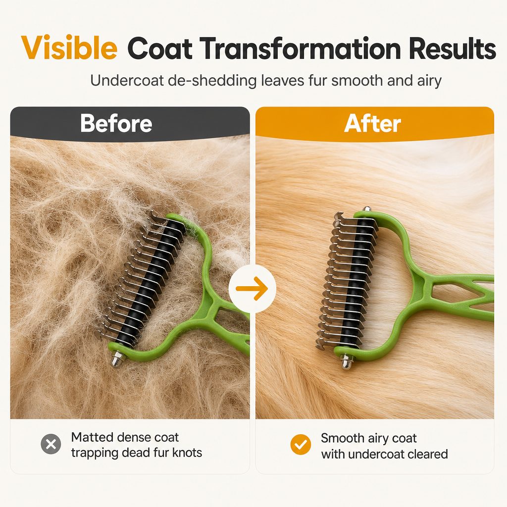 🥳2026 HOT SALE🥳💞50K+ SOLD! 🐾✨ 50% OFF! Pet Dematting & Deshedding Comb – dual rake clears tangles & mats, rounded tips protect skin, rust-resistant. Gentle grooming for dogs & cats! 🛡️💪