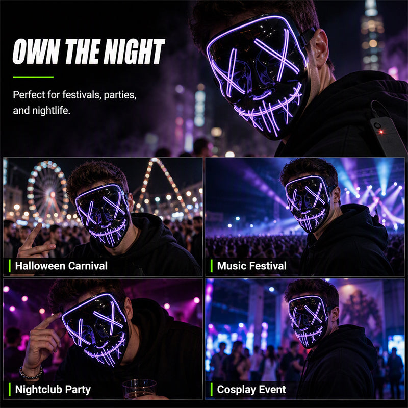 🥳2026 HOT SALE🥳💞50K+ SOLD! 🎃✨ 50% OFF! Halloween LED Glowing Mask – 10 vibrant colours, multiple light modes, comfortable adjustable fit. Glow through every party & cosplay! 💡💚