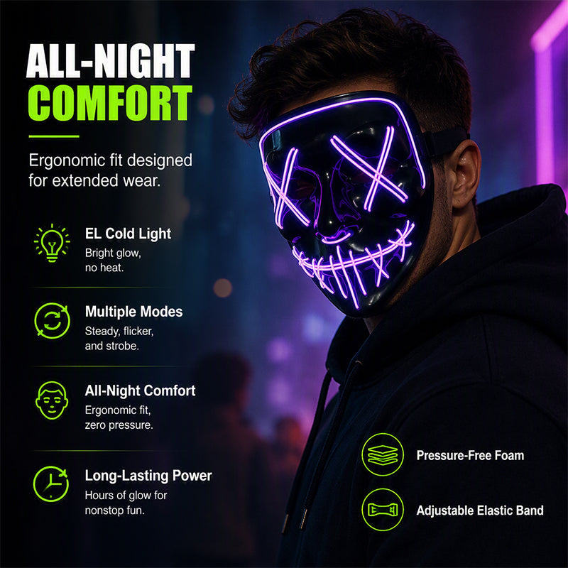 🥳2026 HOT SALE🥳💞50K+ SOLD! 🎃✨ 50% OFF! Halloween LED Glowing Mask – 10 vibrant colours, multiple light modes, comfortable adjustable fit. Glow through every party & cosplay! 💡💚